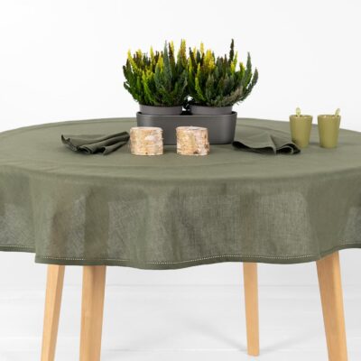 round olive linen tablecloth, not washed.