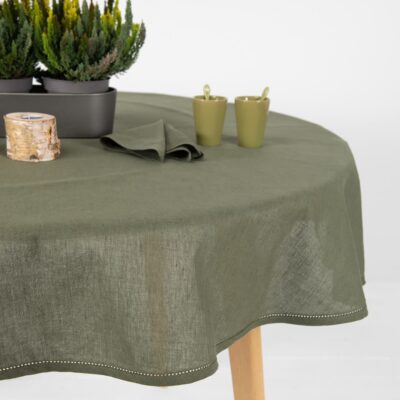 round olive linen tablecloth for decoration.