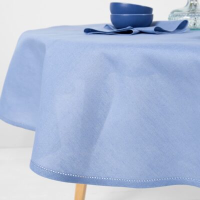 round oval blue linen cotton tablecloth, piping hemstitch
