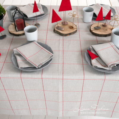 NATA Tablecloth grey 7 Grey checked tablecloth with red squares and matching napkins