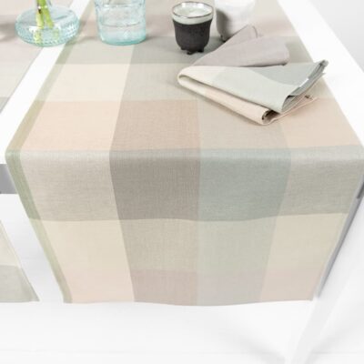 linen cotton runner beige green checks, simple hem
