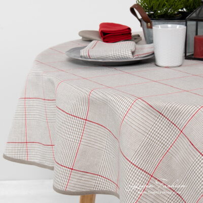 NATA Tablecloth round/oval grey 7 Round grey checked linen blend tablecloth with red squares