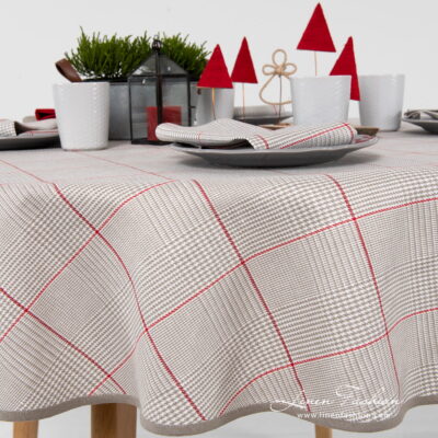 NATA Tablecloth round/oval grey 6 Round linen cotton grey check tablecloth with large red squares