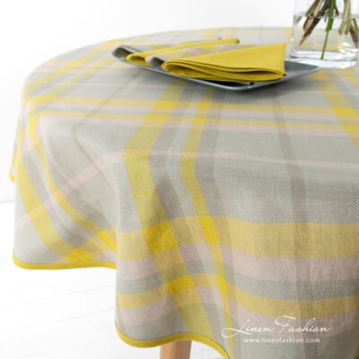 LOZANA round (oval) greyish yellow linen tablecloth in checks