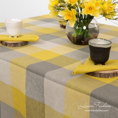 Linen cotton checked tablecloth in grey yellow colors - Linen Fashion.