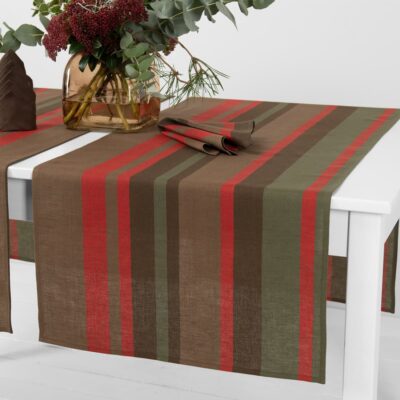 linen cotton red brown striped runner, twill.