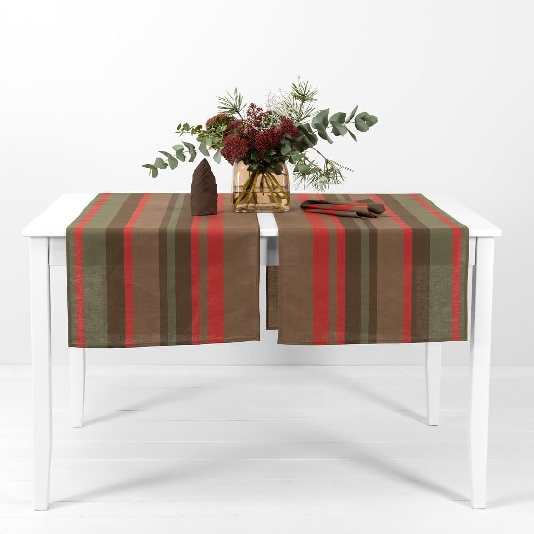 linen cotton red brown striped runner.