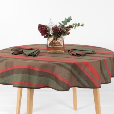 linen cotton round tablecloth red brown stripes with piping.