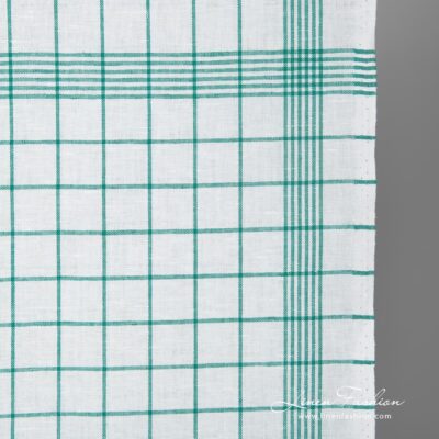 White linen cotton fabric with green checks 5 White fabric with green checks narrow width close up view