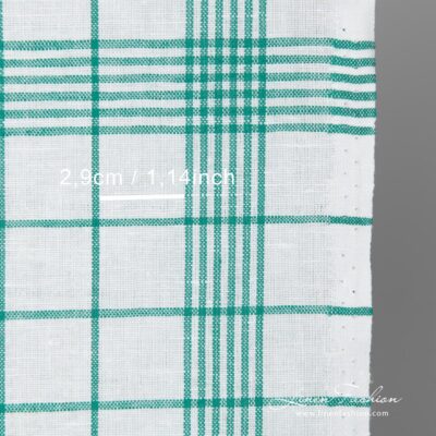 White linen cotton fabric with green checks 6 White fabric with green checks narrow width close up view with measurements