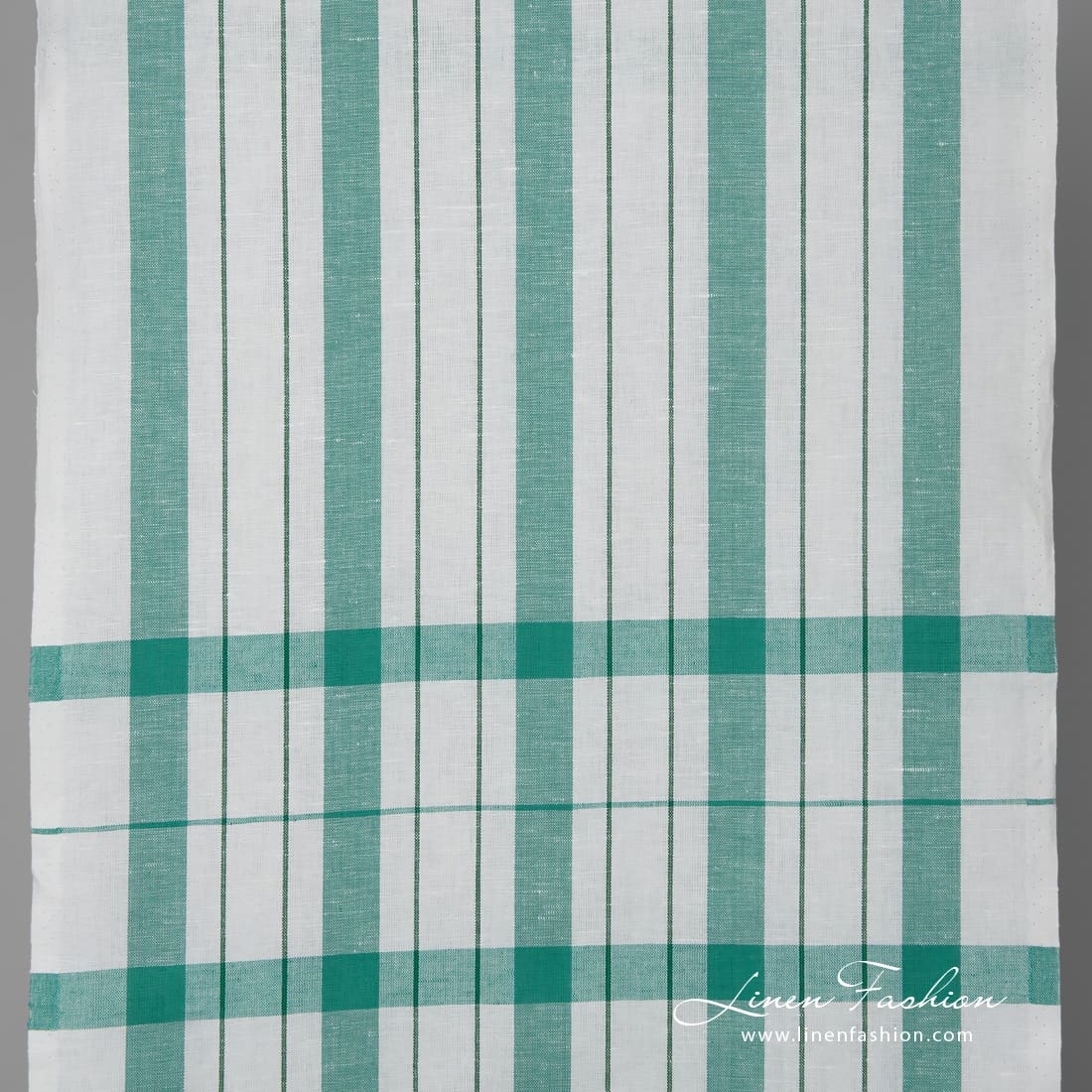 White linen cotton fabric with green stripes