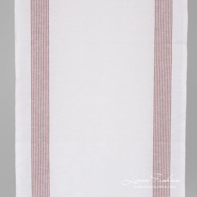 White narrow linen cotton fabric with thin brown stripes.