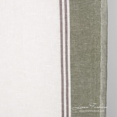 Linen cotton fabric with green and brown stripes, perfect for kitchen towels
