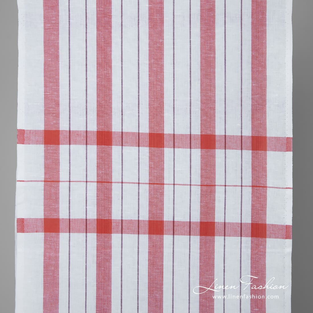 Narrow white linen cotton fabric with red stripes