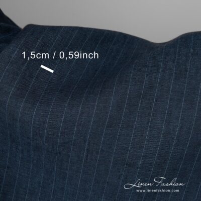 Dark blue striped linen fabric close up detail view