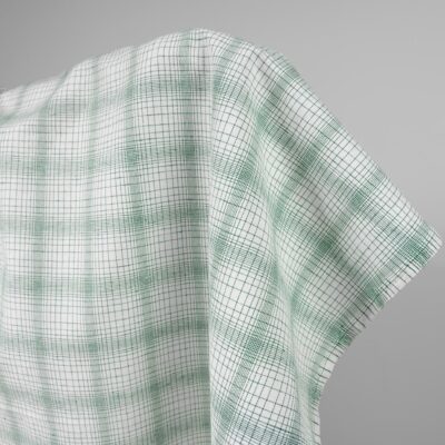 White linen cotton fabric with striped green checks product photo