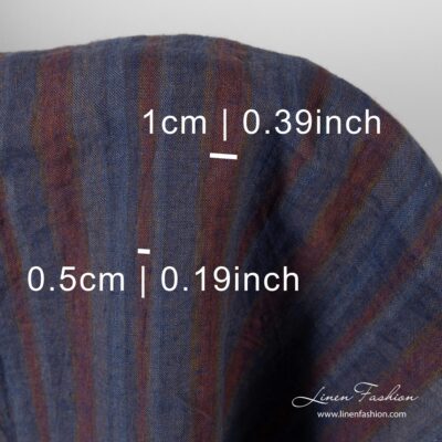 Linen fabric in blue, grey, brown stripes, washed 5 Washed striped linen fabric with measures