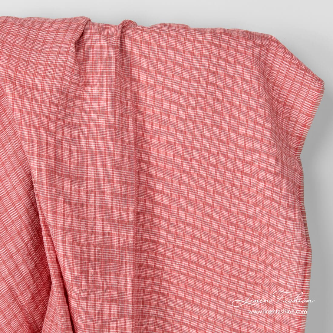Washed linen fabric in rose squares and tiny white checks