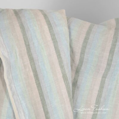 Multicoloured striped pastel linen fabric washed 7 Multicolored linen fabric in vertical stripes, washed