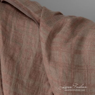Washed linen fabric brownish grey colour check pattern 6 Washed linen fabric brownish grey colour check pattern close up view