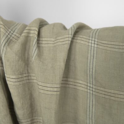 Linen fabric green-beige checks, specially washed
