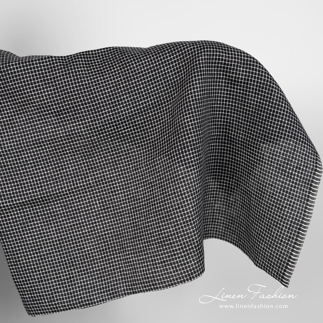 Black linen fabric with white checks