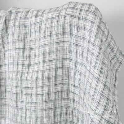 Washed white grey check jacquard pattern linen fabric 5 White linen fabric with crossing grey stripes, washed
