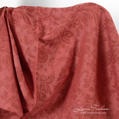 Red linen cotton fabric in floral pattern