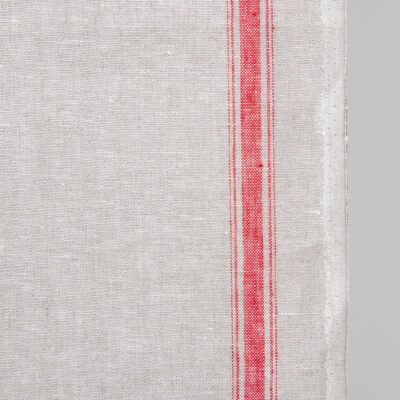 Narrow linen fabric light grey colour with red stripes 4 Narrow linen fabric light grey colour with red stripes close up edge