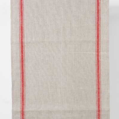 Narrow linen fabric natural grey colour with red stripes