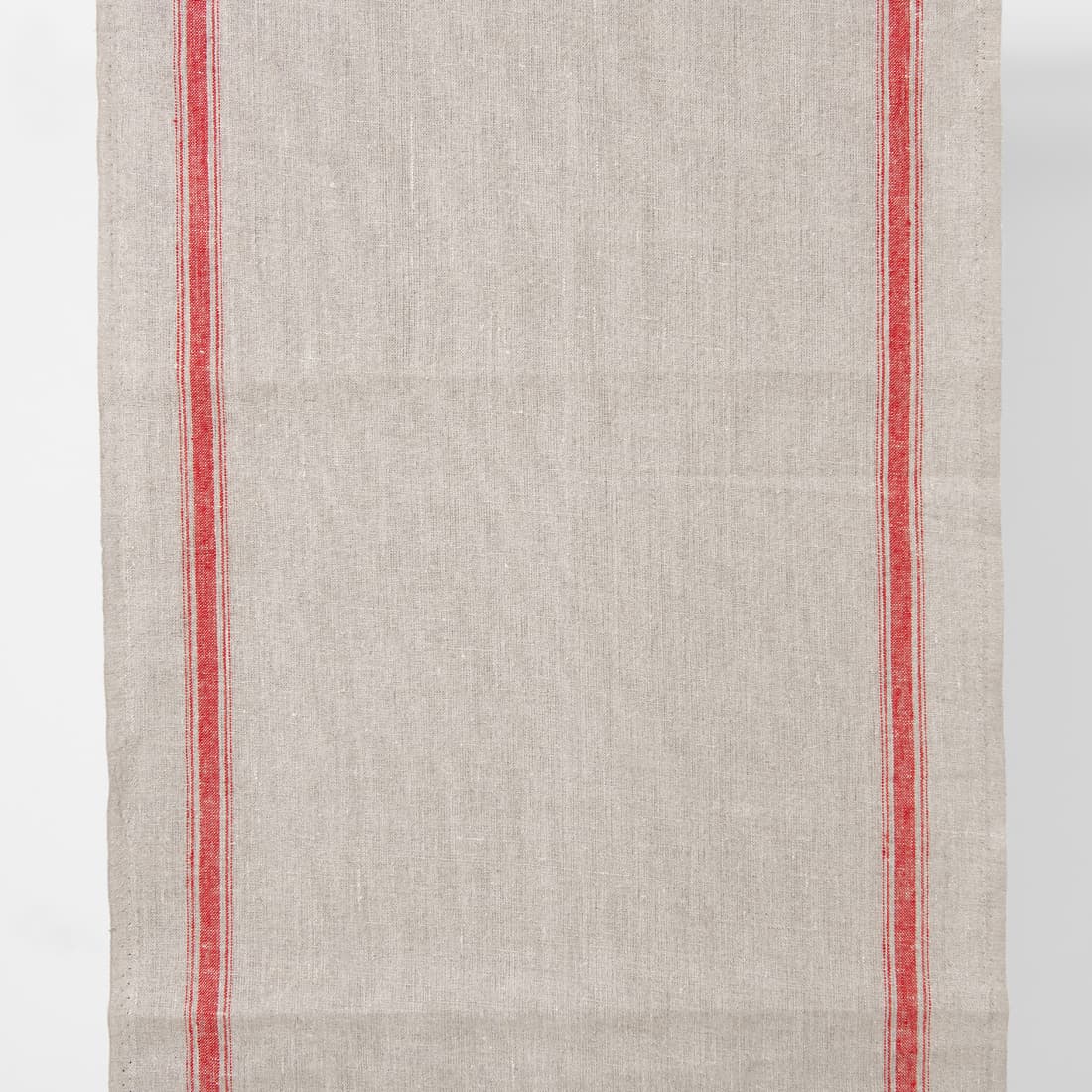 Narrow linen fabric natural grey colour with red stripes