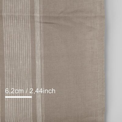 Narrow linen fabric brownish-grey with white center stripes, with measurements