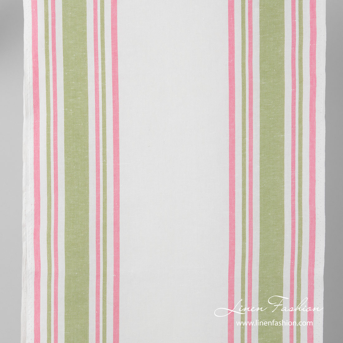 Narrow width linen blend fabric with pink, green stripes
