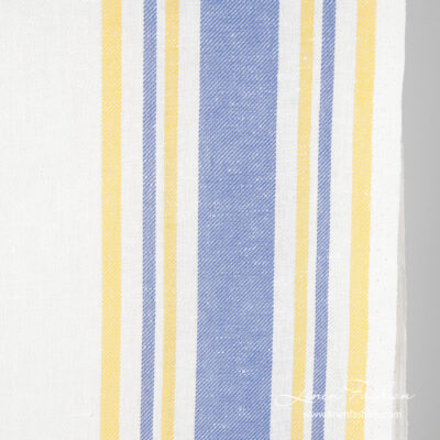 White narrow linen blend fabric in yellow, blue stripes