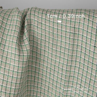 Linen grey fabric with green checks washed 8 Grey natural flax colour 100% linen fabric with narrow, light green, black and white stripes, which create 1cm x 1,5cm (0.4" x 0.6") checks