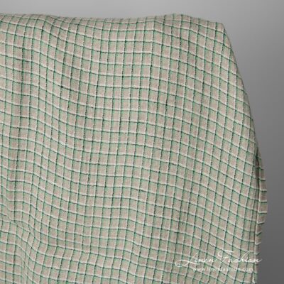 Linen grey fabric with green checks washed 6 Grey natural flax colour 100% linen fabric with light green, black and white checks