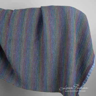 Blue linen cotton fabric in waffle washed 5 Blue linen cotton fabric in waffle pattern