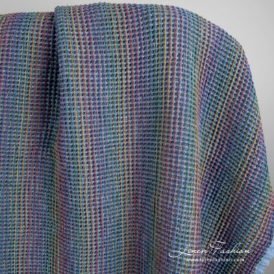 Blue linen cotton fabric in waffle washed 6 Blue linen cotton fabric in waffle pattern, specially washed