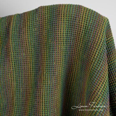 Green linen cotton fabric in waffle washed 7 Green linen cotton fabric in waffle pattern, specially washed