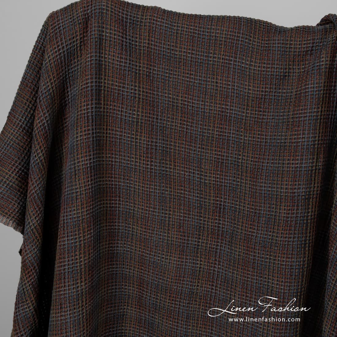 Linen cotton multi coloured waffle fabric, washed.