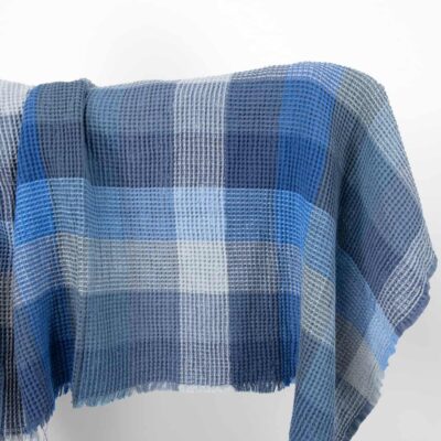 Linen cotton waffle blue checks fabric washed 4 half linen waffle blue fabric