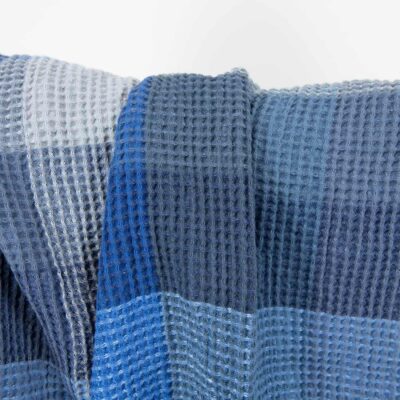 Linen cotton waffle blue checks fabric washed 6 half linen waffle blue fabric, good absorbtion