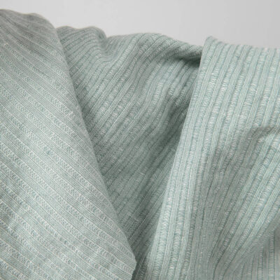 Washed linen cotton fabric greenish white colour striped 6 Washed linen cotton fabric greenish white colour striped close up detail