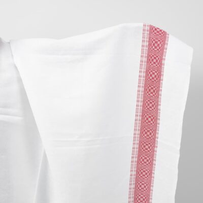 White checked linen cotton fabric with red stripes