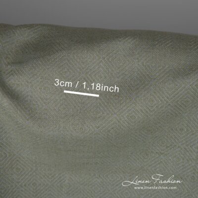 Linen cotton fabric in greyish green diamond pattern with measurements