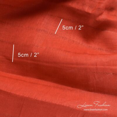 Lightweight red linen fabric with horizontal azure stripes