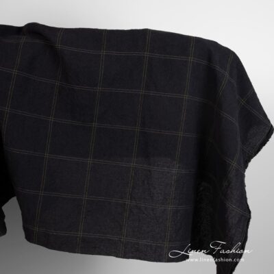 Wide black linen cotton fabric in green checks washed 5 Wide black linen cotton fabric in green checks
