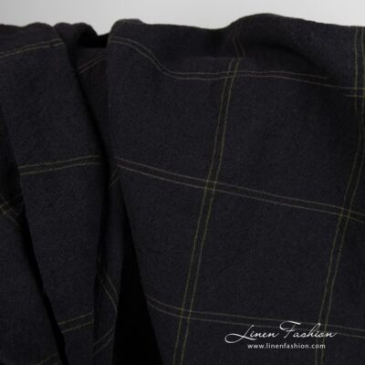 Wide black linen cotton fabric in green checks washed 7 Wide black linen cotton fabric in green checks, specially washed to increase softness