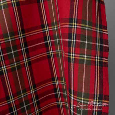 Plaid linen cotton fabric in red, black, green, white and yellow