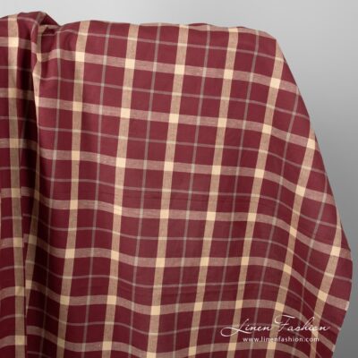 Linen cotton red fabric with cream checks 5 Linen cotton red fabric with cream checks.